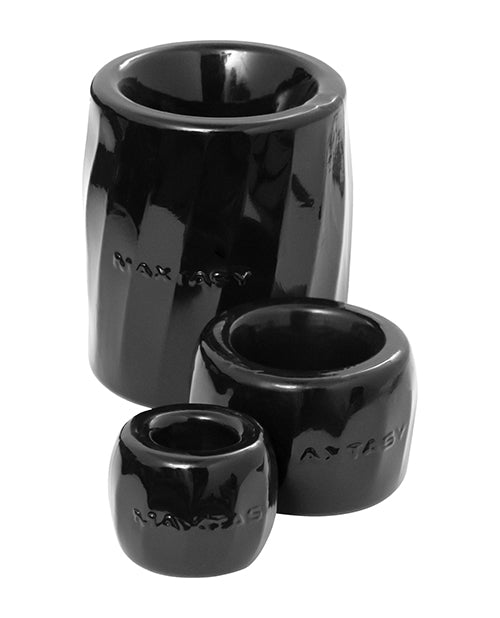 Maxtasy Performance Rings Black Set of 3 showcasing three stretchy cock rings for enhanced performance.