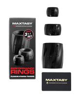 Maxtasy Performance Rings Black Set of 3 packaging and rings displayed for enhanced male performance.