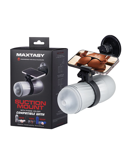Maxtasy Suction Mount Stroker Holder Black displayed with packaging and suction cup attachment.