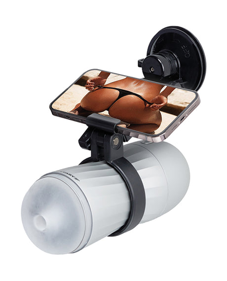Maxtasy Suction Mount Stroker Holder Black secured with smartphone for hands-free pleasure.