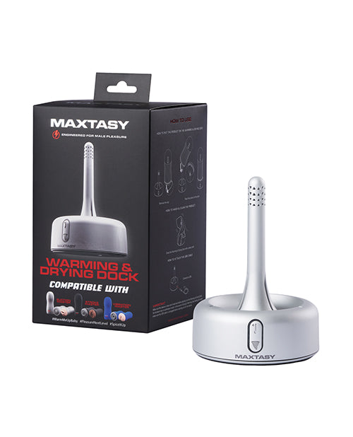 Maxtasy Warming & Drying Dock for Strokers Grey with packaging and design details, showcasing its features and usability.