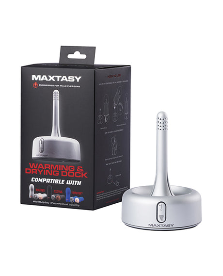 Maxtasy Warming & Drying Dock for Strokers Grey with packaging and design details, showcasing its features and usability.
