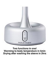 Maxtasy Warming & Drying Dock for Strokers Grey showcasing two functions: warming in 5 minutes and drying the sleeve.