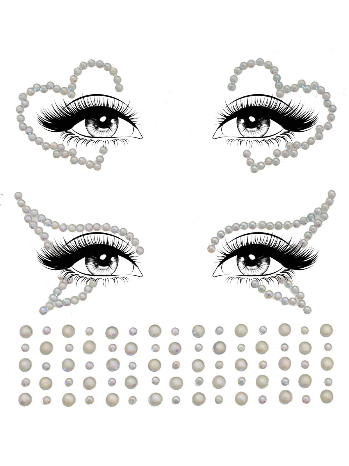 Ayla Adhesive Glow in the Dark Face Jewels featuring rhinestones in heart and eye designs, perfect for sparkle and glow.