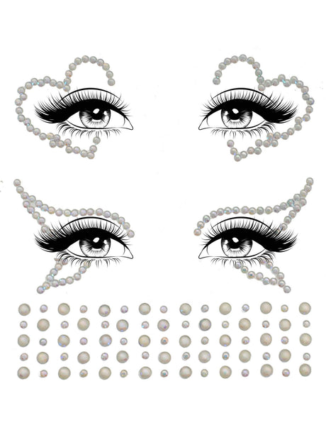 Ayla Adhesive Glow in the Dark Face Jewels featuring rhinestones in heart and eye designs, perfect for sparkle and glow.