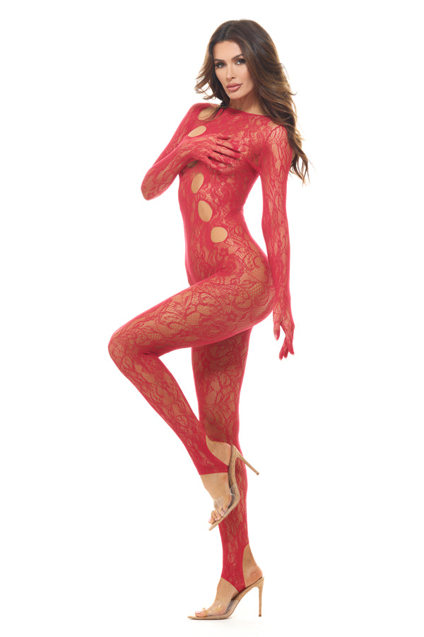 Rene Rofe Split Up Lace Bodystocking Red One Size model showcasing the stunning red lace bodystocking in a sultry pose.