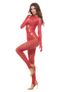 Rene Rofe Split Up Lace Bodystocking Red One Size model showcasing the stunning red lace bodystocking in a sultry pose.