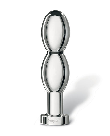 Mystim Oh thello e-Stim Oval Aluminum Dildo showcasing its sleek double-oval design and smooth aluminum finish.