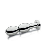 Mystim Oh thello e-Stim Oval Aluminum Dildo with smooth aluminum finish and double-oval design for electrostimulation.