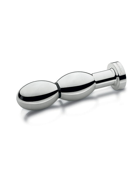 Mystim Oh thello e-Stim Oval Aluminum Dildo with smooth aluminum finish and double-oval design for electrostimulation.