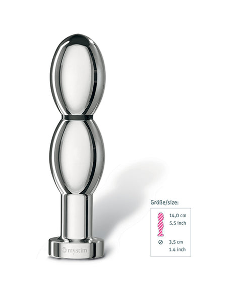 Mystim Oh thello e-Stim Oval Aluminum Dildo showcasing its double-oval shape and smooth aluminum finish.