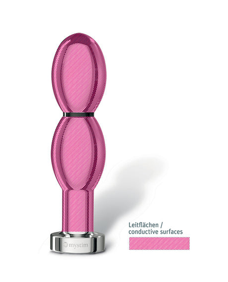 Mystim Oh thello e-Stim Oval Aluminum Dildo showcasing its double-oval design and conductive surfaces.