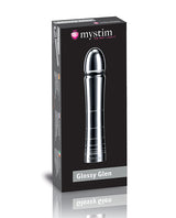 Mystim Glossy Glen e-Stim Aluminum Dildo packaging showcasing its sleek design and form.
