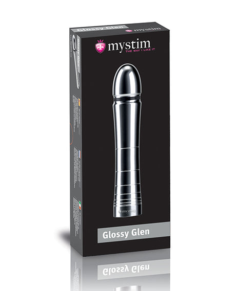 Mystim Glossy Glen e-Stim Aluminum Dildo packaging showcasing its sleek design and form.