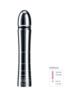 Mystim Glossy Glen e-Stim Aluminum Dildo shown with size dimensions and sleek metallic design.