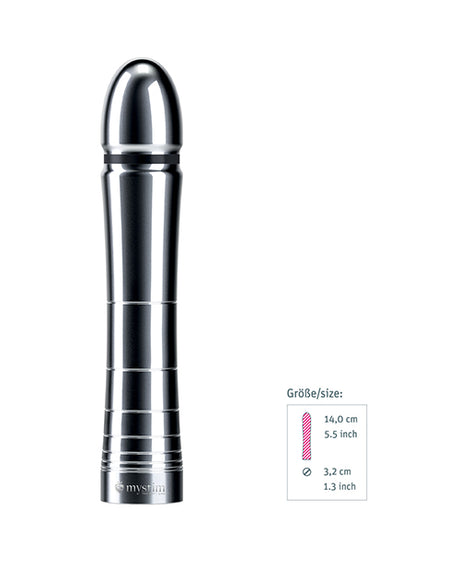 Mystim Glossy Glen e-Stim Aluminum Dildo shown with size dimensions and sleek metallic design.