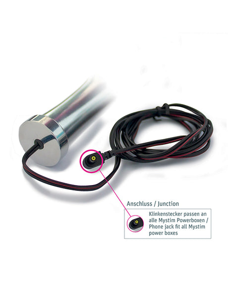 Mystim Glossy Glen e-Stim Aluminum Dildo showing connection and cable details for usage with power boxes.