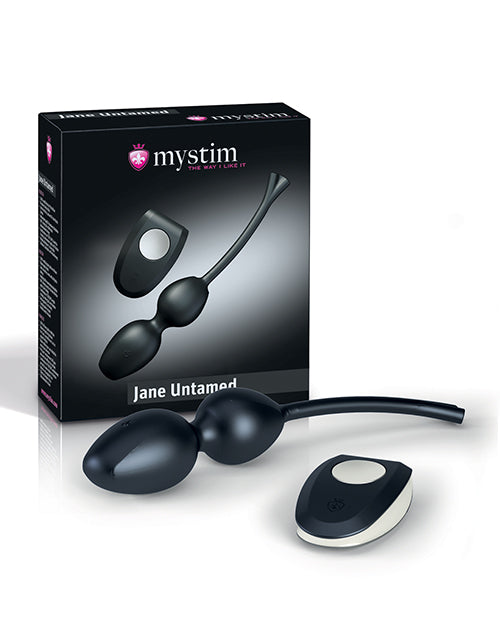 Mystim Jane Untamed Geisha Balls package with two Kegel balls and remote control on a white background.
