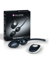 Mystim Jane Untamed Geisha Balls package with two Kegel balls and remote control on a white background.