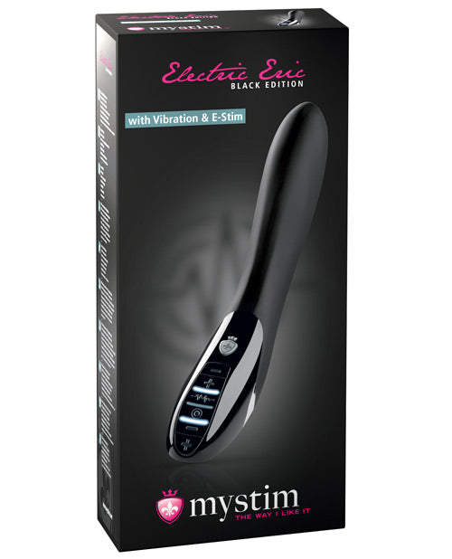 Mystim Electric Eric eStim Vibrator Black Edition Black packaging showcasing its features of vibration and E-Stim.