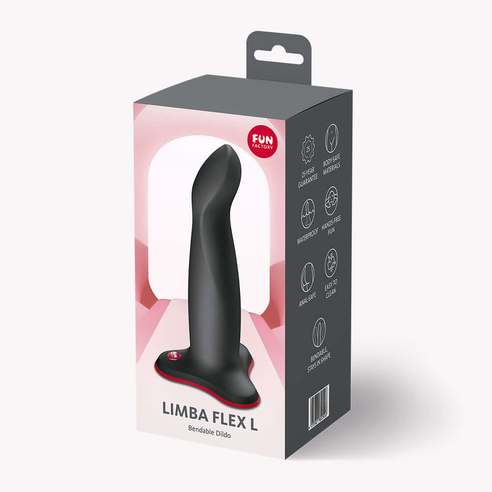 Fun Factory Limba Flex L Bendable Dildo Black packaging showcasing its flexible design and ergonomic features.