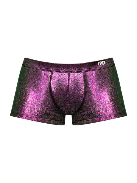 Hocus Pocus Uplift Short Medium Purple, shiny mini shorts by Male Power, featuring a vibrant purple color.