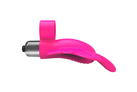 The 9's Flirt Finger Butterfly Finger Vibrator Pink shown from the side, featuring a butterfly design and silicone texture.