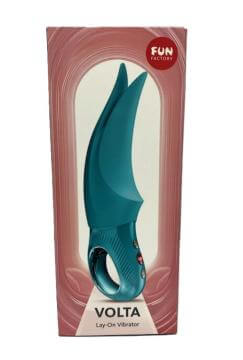 Fun Factory Volta Lay-on Vibrator Aquamarine packaging showcasing its ergonomic design and vibrant color.