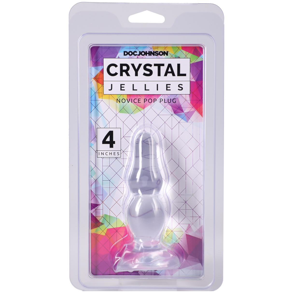 Crystal Jellies Novice Pop Plug 4 Inch Clear with colorful packaging and product details visible.