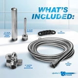 CleanStream Metal Deluxe Shower Enema System components including nozzles, washers, shower hose, and flow regulator.