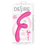 Desire Two Piece Dual Vibrator Pink on packaging showcasing its versatile design for solo or partner play.