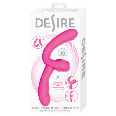 Desire Two Piece Dual Vibrator Pink on packaging showcasing its versatile design for solo or partner play.