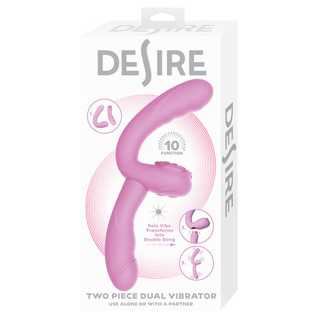 Desire Two Piece Dual Vibrator Lavender in packaging showcasing its dual functionality for solo or partner play.
