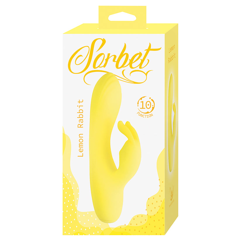 Product packaging of Sorbet Lemon Rabbit Vibrator Yellow showcasing its design and features.