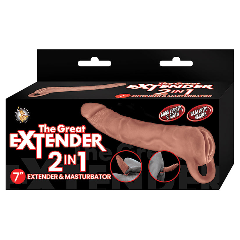 The Great Extender & Masturbator 2n1 Brown 7 inches product packaging featuring realistic design and dual functionality.