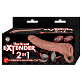 The Great Extender & Masturbator 2n1 Brown 7 inches product packaging featuring realistic design and dual functionality.