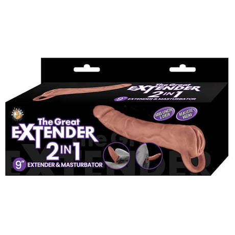The Great Extender & Masturbator 2in1 Brown 9 inches packaging showcasing its realistic design.