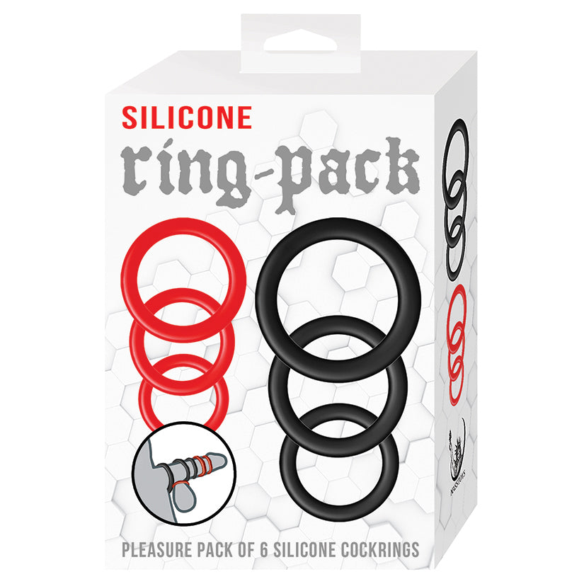 Silicone Ring Pack Red & Black 6 Pc Cockrings packaging showing red and black silicone cockrings with label and graphic.