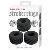 Super Stretchy Stroker Rings Black packaging featuring three textured silicone cock rings