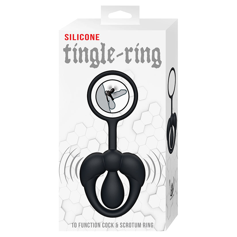 Silicone Tingle Cock & Scrotum Ring Black packaging showcasing the vibrating ring for enhanced pleasure.