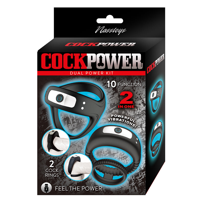 Cockpower Dual Power Kit Cockring Vibrator packaging showcasing two cock rings with powerful vibrations and 10 functions.