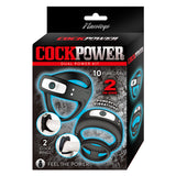 Cockpower Dual Power Kit Cockring Vibrator packaging showcasing two cock rings with powerful vibrations and 10 functions.