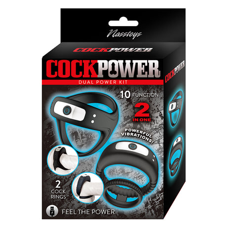 Cockpower Dual Power Kit Cockring Vibrator packaging showcasing two cock rings with powerful vibrations and 10 functions.