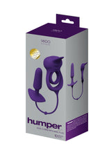 Vedo Humper Silicone Dual C-Ring with Anal Plug Purple packaging showcasing features and design.