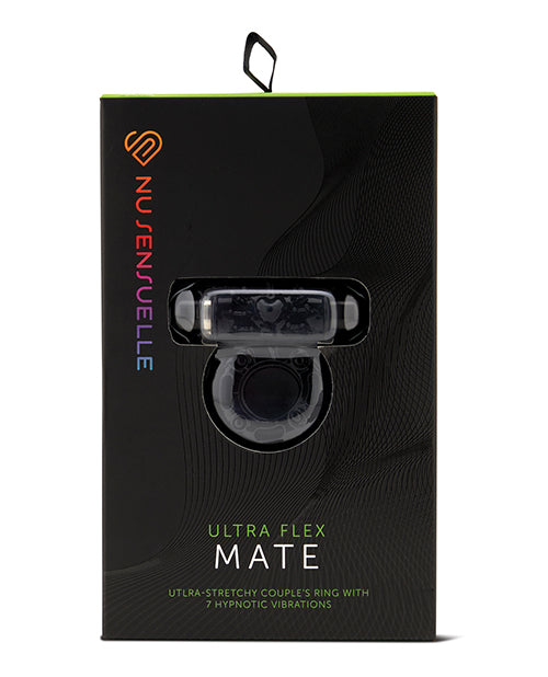 Nu Sensuelle Bullet Ring Vibrating Cock Ring Black packaging with ultra-stretchy couples ring and 7 vibrations.