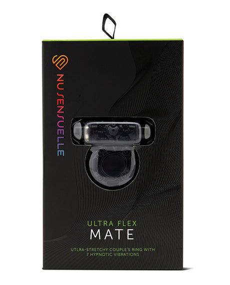 Nu Sensuelle Bullet Ring Vibrating Cock Ring Black packaging with ultra-stretchy couples ring and 7 vibrations.