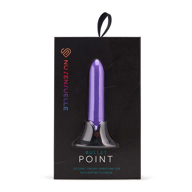 Nu Sensuelle Point 20 Function Silicone Bullet Purple packaging featuring sleek design and vibrant color.
