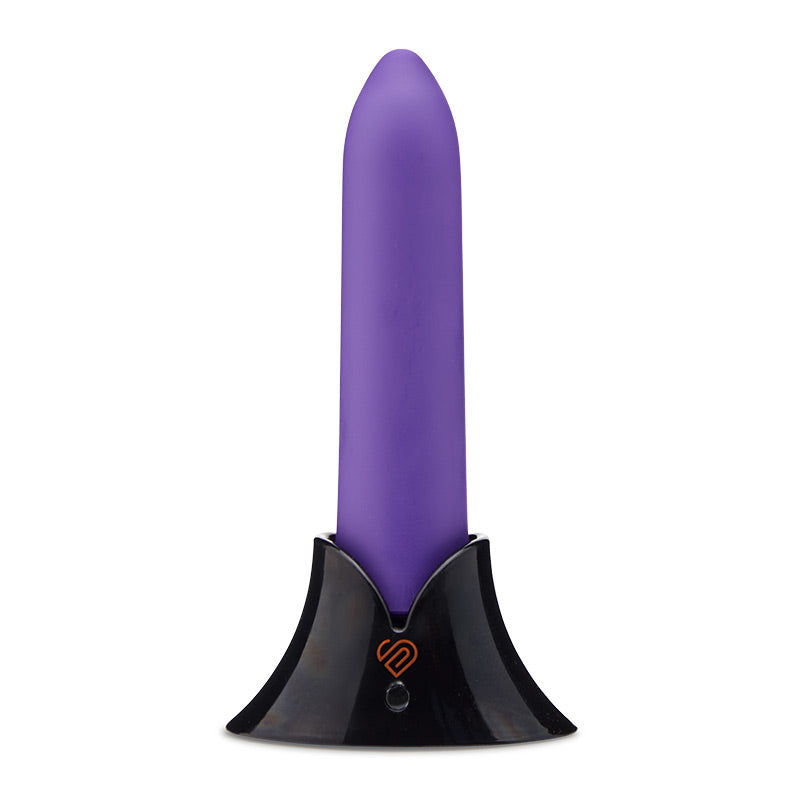 Nu Sensuelle Point 20 Function Silicone Bullet Purple in sleek holder with a smooth silicone finish.