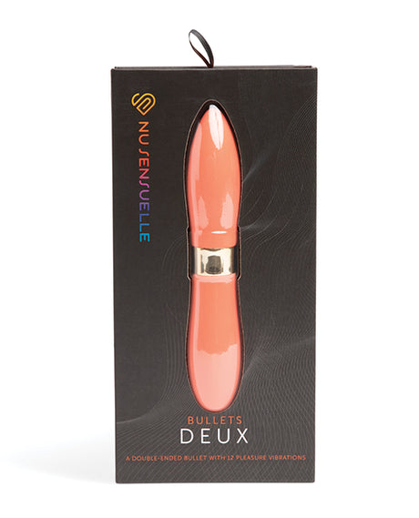 Sensuelle Double Ended Deux Bullet Vibrator Coral packaging showcasing its unique design and functionality.