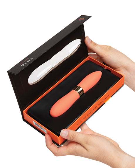 Sensuelle Double Ended Deux Bullet Vibrator Coral beautifully presented in box with pointed and rounded ends.